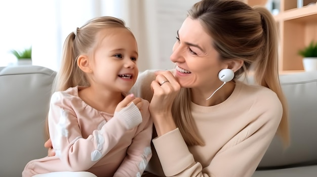 Niña con implante auditivo con su madre con discapacidad auditiva en casa concepto de comunidad sorda