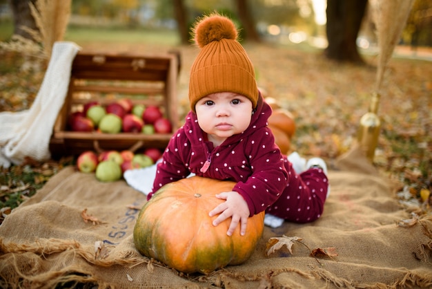 Niña se inclina sobre una calabaza.