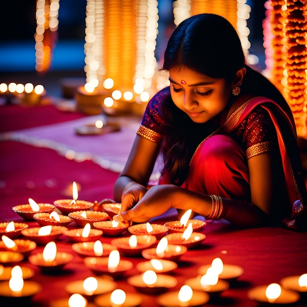 Niña india arreglando Diyas durante el festival de Diwali 1