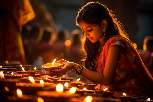 Niña india arreglando Diyas durante el festival Diwali