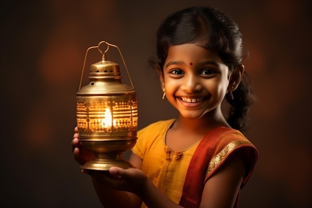 Niña india arreglando Diyas durante el festival Diwali