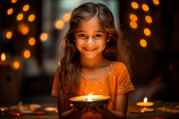 Niña india arreglando Diyas durante el festival de Diwali