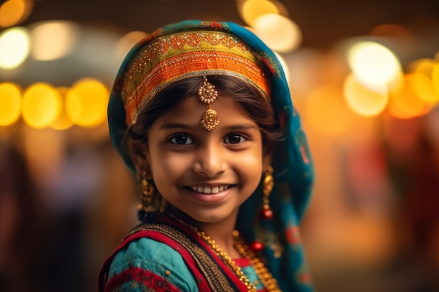 Niña india arreglando Diyas durante el festival de Diwali