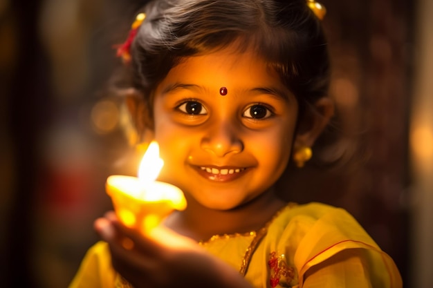 Niña india arreglando Diyas durante el festival de Diwali