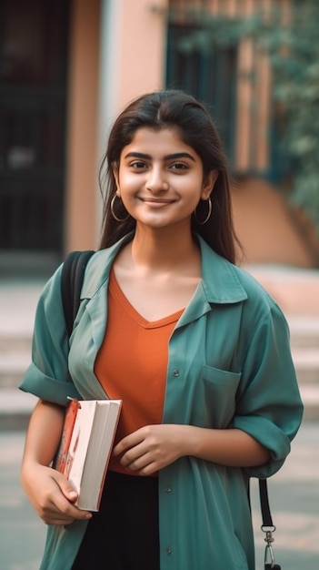 Una niña india con una camisa verde sostiene un libro y sonríe.