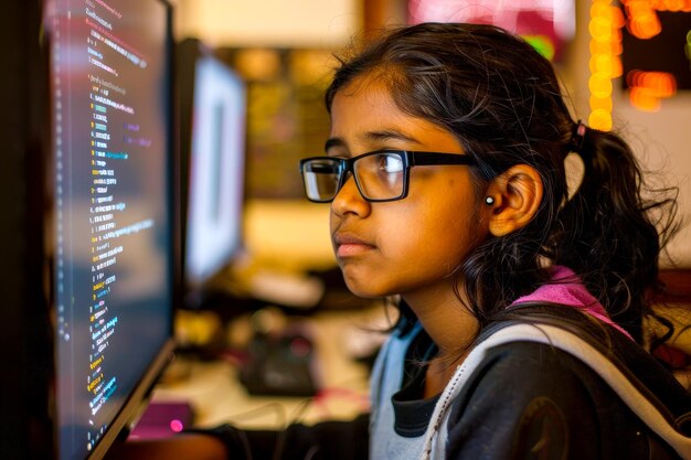 Una niña india codificando software con agilidad que ejemplifica los rápidos avances en tecnología y el poder de la programación rápida para crear soluciones impactantes