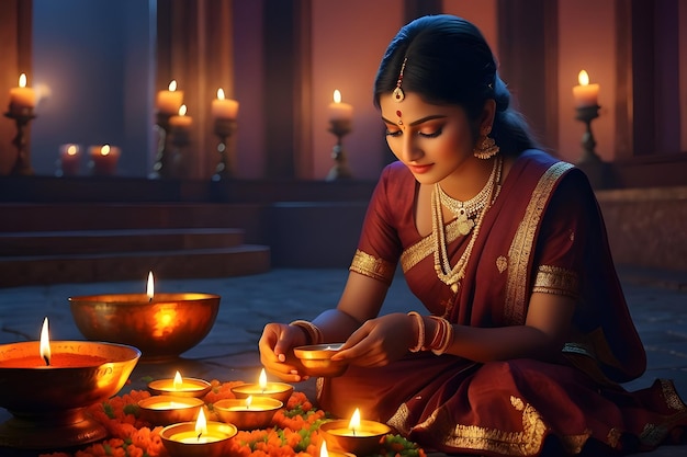 Foto niña india encendiendo lámparas para el festival de diwali