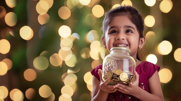Foto una niña india feliz sosteniendo un frasco de vidrio lleno