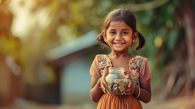 Foto una niña india feliz sosteniendo un frasco de vidrio lleno