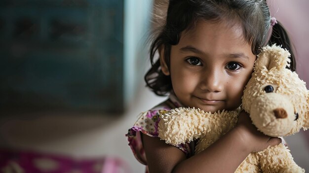 Una niña india linda jugando con un oso de peluche abrazándose