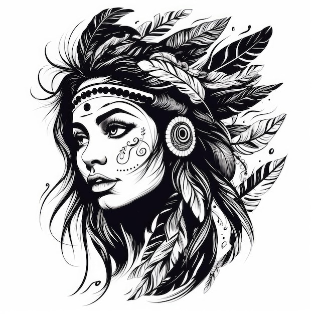 Niña india con logotipo de decoración de plumas en blanco y negro generado por IA Imagen