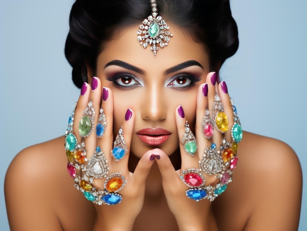 Niña india mágica con las uñas demuestra el arte de los accesorios para las uñas en un anuncio de belleza