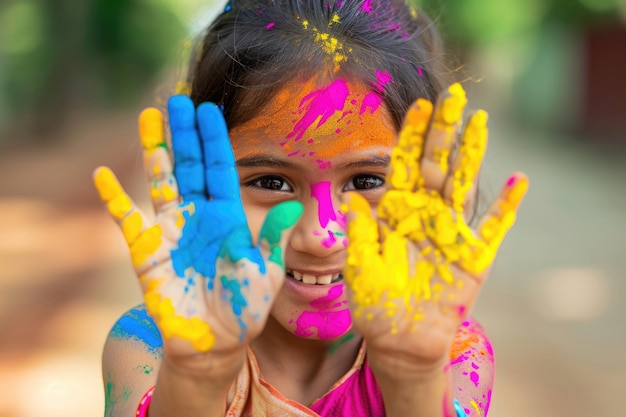 niña india mostrando palma colorida y celebrando holi con toques de color