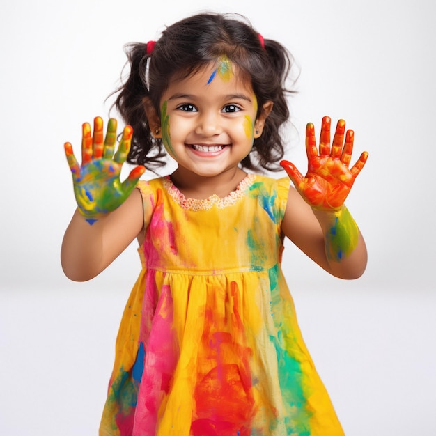 Niña india mostrando sus manos de colores y sonriendo