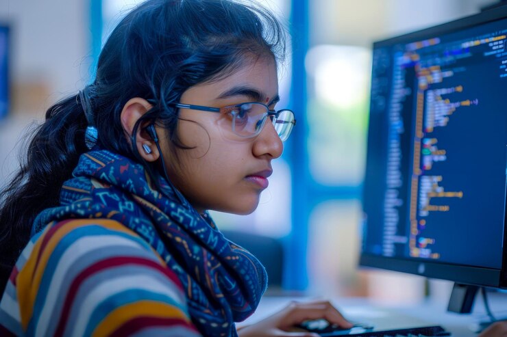 Foto una niña india que asiste a un campamento de programación su determinación de entrar en la industria de la tecnología evidente a medida que se sumerge en el aprendizaje de lenguajes de programación y habilidades