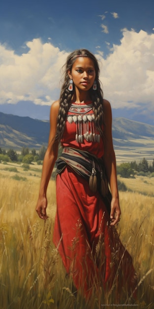 Niña indígena en un campo una impresionante pintura realista