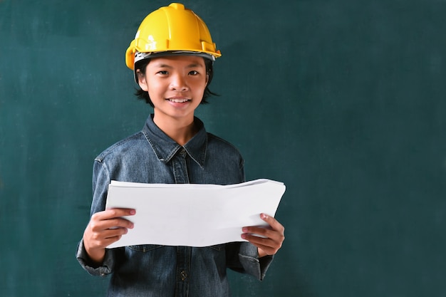 Niña, ingeniería, casco, a bordo, fondo