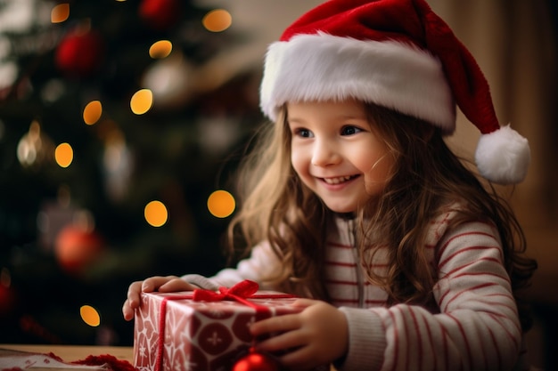 Niña irreconocible con su padre abriendo regalo de Navidad