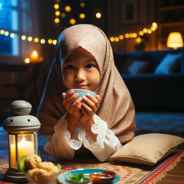 Niña islámica con hijab shari rompiendo su ayuno por la noche