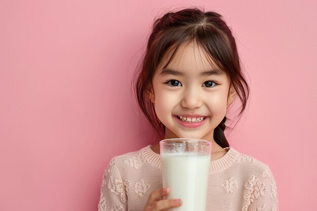 Una niña japonesa feliz con un vaso de leche aislada sobre un fondo rosado