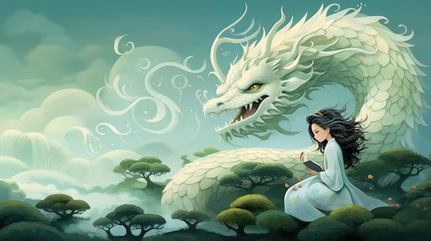 Niña japonesa sentada con un dragón en el bosque ilustración de acuarela de cuento de hadas