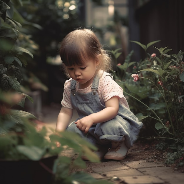 Una niña en un jardín se agacha para recoger unas flores.