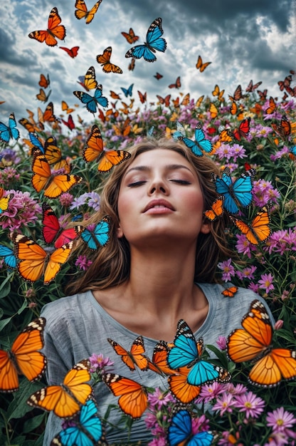 Niña con jardín de campo de flores de fantasía y mariposas de colores de fondo Generado por IA