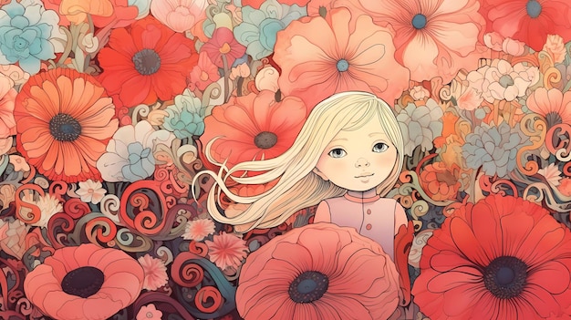 Una niña en un jardín de flores.