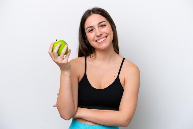 niña joven, aislado, blanco, plano de fondo, con, un, manzana