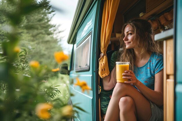 Niña joven bebiendo un cóctel de frutas saludables en la caravana y disfrutando de la naturaleza