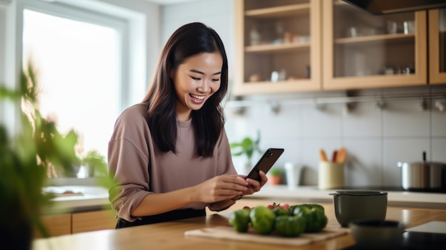 Niña joven en la cocina mirando su teléfono comprobando una receta para cocinar