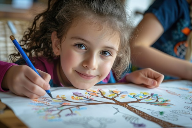 Foto niña joven enfocada en dibujar un árbol genealógico en interiores niña joven de cabello rizado coloreando atentamente su árbol genealóxico dibujando en el interior con hermanos