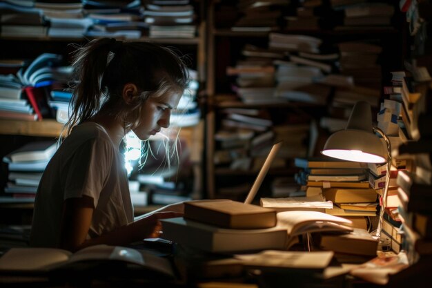 Foto niña joven estudiando en el escritorio con una ia generativa de portátil