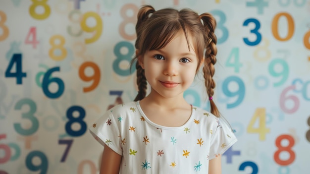 Niña joven hermosa contra números coloridos de fondo Diseño de estandarte para el día de concienciación sobre la discalculia