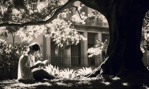 Niña joven leyendo un libro bajo un árbol creado utilizando herramientas de IA generativas