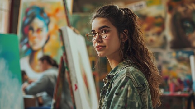 Foto niña joven pintando en el caballete actividad artística creativa para un niño día de los maestros