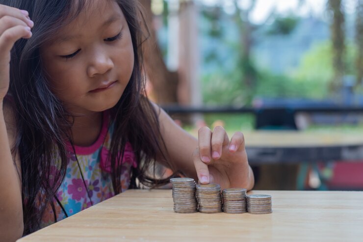 Niña joven que mira monedas