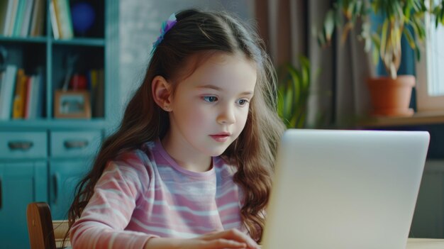 Niña joven sentada frente a una computadora portátil dedicada a la actividad digital