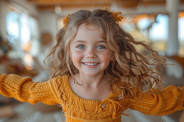 Niña joven sonriendo bailando coreografía viral con alegría