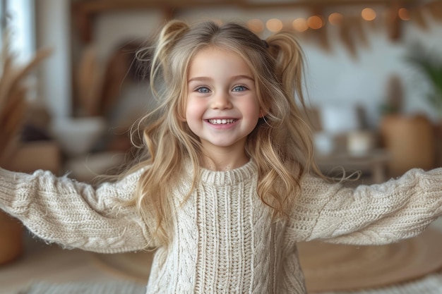 Niña joven sonriendo bailando coreografía viral con alegría