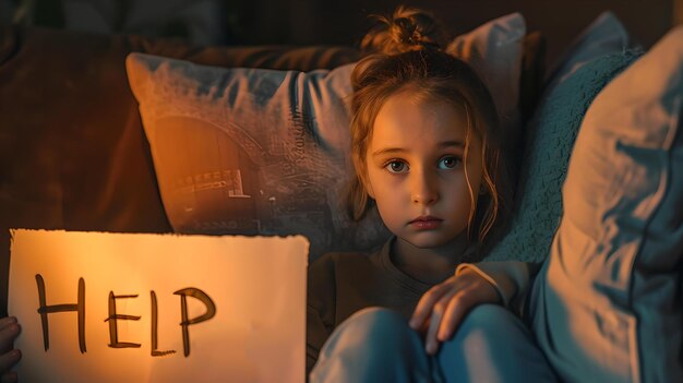 Niña joven sosteniendo un cartel de HELP sentada en una atmósfera oscura retrato dramático emocional con iluminación temperamental adecuado para campañas de temas sociales IA