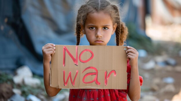 Foto niña joven sosteniendo un cartel con texto escrito no hay guerra