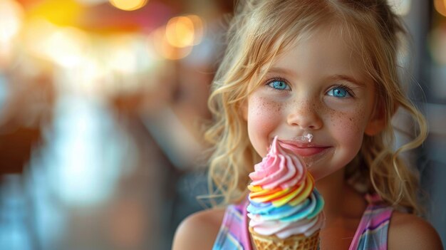 Niña joven sosteniendo un cono de helado Retrato de estudio con un fondo bokeh