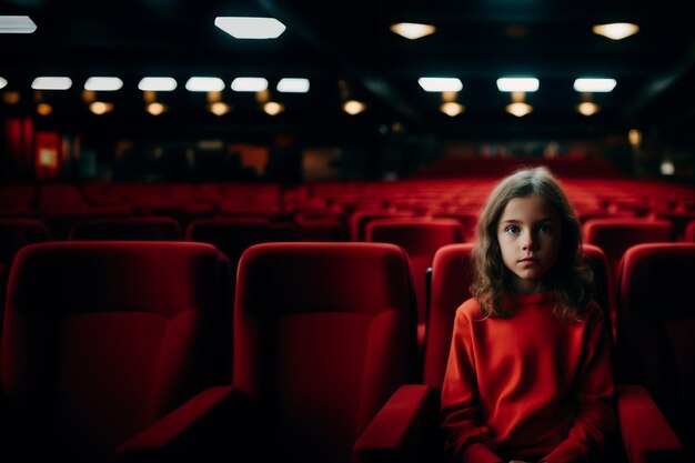 Foto niña joven viendo una película en el cine con sillas cómodas entretenimiento y cine concepto pancarta con espacio de copia ia generativa