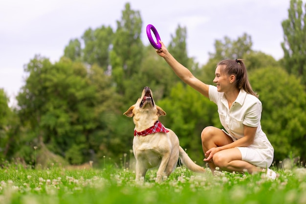 Una niña juega con un anillo de juguete con un perro labrador en el césped