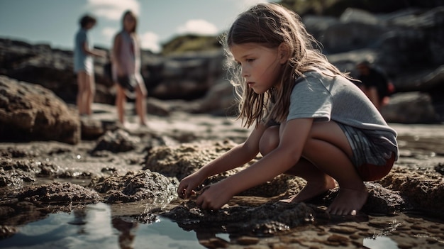 Una niña juega en la arena de la playa.