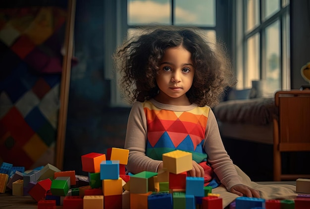 una niña juega con bloques coloridos en su sala de estar en el estilo de colorismo vibrante