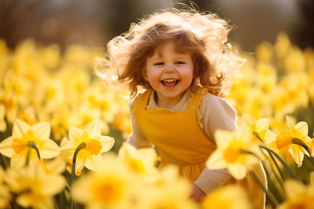 Una niña juega en un campo de flores de narcisos.