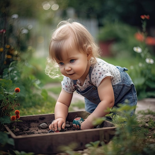 Una niña juega en un jardín con un macizo de flores.