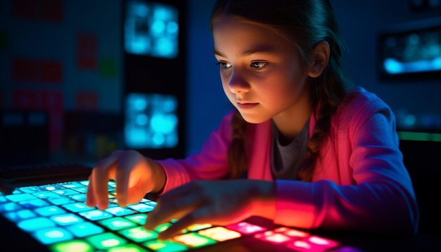 Una niña juega con una pantalla digital en un cuarto oscuro.